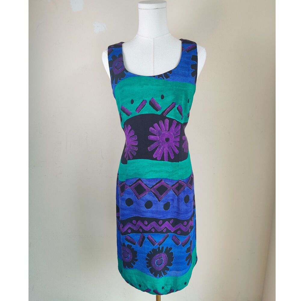 VTG 80s Jessica Howard Blue Green Purple Sleeveless Summer Dress SZ 8